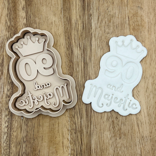 90th Birthday Cookie Cutter - 90 and Majestic - Gingerbread and Embosser Fondant Cutout