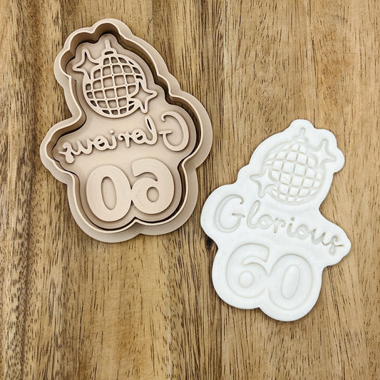 60th Birthday Cookie Cutter - Glorious 60 - Gingerbread and Embosser Fondant Cutout